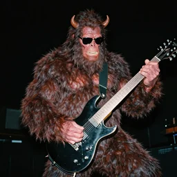 Bigfoot wearing sunglasses in hell playing heavy metal with satan, 35mm