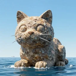 a giant rock in the shape of a cat, the rock is in the sea, 3 d render, unreal engine