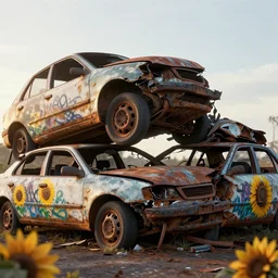 two car wrecks on top of eachother, rusty, with graffiti of sun flowers on them, torn, war, realistic photo, octane render, cinematic lightning, 8 k, volumetric illumination
