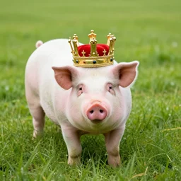 a pig in a large field of grass wearing a kings crown (add whatever to make it look good