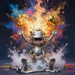 beautiful intricately detailed soft objects that make me feel happy made of liquid mercury and exploding liquid nitrogen, in a vibrant fine detailed modern fine art style by Marc Quinn and Damien Hirst with bright huge fireball explosions of colourful blue and gold flame and holi powder
