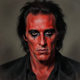 al pacino's devilish version, red skin. black eyes. grunge, horror, dmt, dark and muted colors, detailed airbrush art, by yves klein