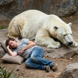man sleeping next to sleeping polar bear 4K wildlife photo