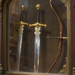 shop window for magical weapons, close up sword, magic bow, deep focus, d & d, fantasy, intricate, elegant, highly detailed, digital painting, artstation, concept art, matte, sharp focus, illustration, hearthstone, art by artgerm and greg rutkowski and alphonse mucha