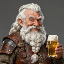 a portrait of an old dwarf with white braided beard, beard in one big braid, white ponytail hair, leather armor, holding a beer, smiling, very detailed, amazing quality, stunning, by rebecca guay and alphonse mucha and ilya kuvshinov, artstation, pixiv, digital art,