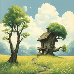 treehouse in a grass field by hayao miyazaki