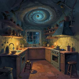 naive rayonism, weird perspective, cel shading, detailed illustration of a kitchen dim lit by 1 candle in a scenic spiral environment by anton fadeev from lorax movie, trending artstation