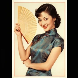 chinese vintage advertising poster, a portrait of a beautiful woman in a cheongsam holds a fan and smiles