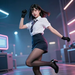 a dynamic, epic cinematic 8K HD movie shot of a japanese beautiful cute young V-Pop idol actress girl wearing shirt, miniskirt, pantyhose, high heels and gloves. Motion, VFX, Inspirational arthouse, at Behance, with Instagram filters
