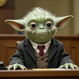 yoda wearing a suit and tie, in court