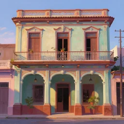 beautiful painting of cuban houses an storefront with intricate detailed colors, front view, trending in artstation, animation style, dawn light, art style by disney and pixar