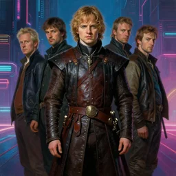 attractive handsome fully clothed jaime lannister loves attractive brienne of tarth. centered composition. highly detailed painting by gaston bussiere and j. c. leyendecker and william adolphe bouguereau and fra angelico and octane render, cyberpunk art by james gilleard, cgsociety, retrofuturism, synthwave, retrowave, outrun musee d'orsay 8 k