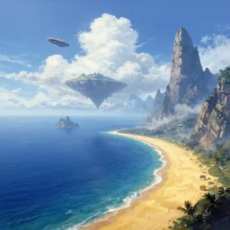 beautiful matte painting of golden shores of a blue dreamy ocean, heavenly island in the clouds floating above the ocean, spaceship flying by, towering mountains emerging from the ocean, sci - fi, daylight, blue sky, cinematic lighting, cinematic perspective, syd mead, john harris, federico pelat