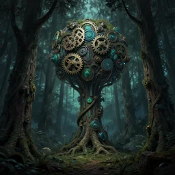 yggdrasil growing in a dark forest where gears and electronic parts grow on the trees , cyberpunk landscape wallpaper, d&d art, fantasy, painted, 4k, high detail, sharp focus