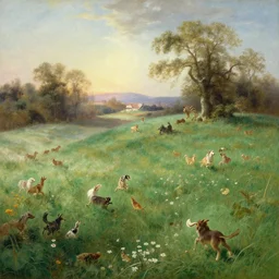 extremely beautiful meadow with all kinds of little creatures running and flying, Ivan Aivazovsky, Christopher Balaskas, Noah Bradley, Albert Bierstadt, Jim Burns, Edwin Church, Frederic Thomas Cole, Brown Durand, Asher David Friedrich, Caspar James Gurney, Johnson Heade, Martin Raphael Lacoste, Ted Nasmith, Andreas Rocha, Christophe Vacher