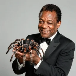 louis armstrong winking and holding a giant hairy spider, professional photograph