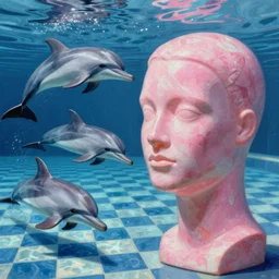 pieter de hooch, dolphins, trending on artstation, highly detailed, vaporwave surreal ocean, dolphins, pool, checkerboard pattern underwater, cuastics, award winning masterpiece with incredible details, artstation, a surreal vaporwave vaporwave vaporwave vaporwave vaporwave painting by thomas cole of old pink marble mannequin head