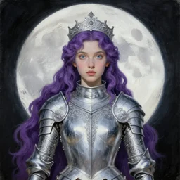 painting of young priestess of the moon, silver filigree armor and tiara, moon above head, purple wavy hair, smooth translucent skin, wide striking eyes, beautiful! coherent! symmetrical body, by brom, by brian froud, strong line, high contrast, muted color, preraphaelite style, 4 k, trending on artstation