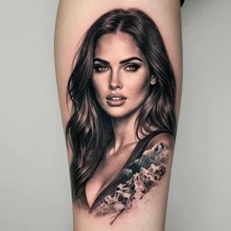 double exposure effect tattoo design sketch of megan fox with beautiful mountains, realism tattoo, in the style of andrey lukovnikov, amazing detail, sharp, surrealist