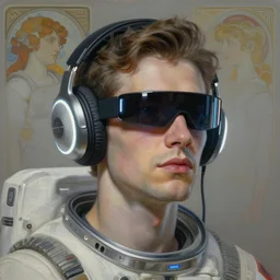 future coder man looking on, sleek cyclops display over eyes and sleek bright headphoneset, neon accent lights, desaturated headshot portrait painting by dean cornwall, rhads, john berkey, tom whalen, alex grey, alphonse mucha, james c. christensen, astronaut cyberpunk electric fashion photography