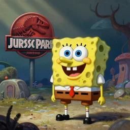 concept art painting of spongebob squarepants in jurassic park, by james gurney and greg rutkowski
