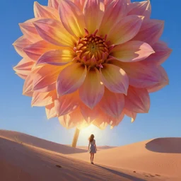 closeup giant dahlia flower over head, a girl walking between dunes, surreal photography, sunrise, blue sky, dramatic light, impressionist painting, digital painting, artstation, simon stalenhag