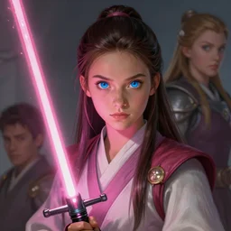 cute blue eyed brunette girl!! pink lightsaber! jedi, fire emblem, art by artgerm and greg rutkowski and magali villeneuve, portrait, d & d, fantasy, highly detailed, digital painting, trending on artstation, concept art, sharp focus, illustration