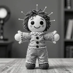 a living large voodoo doll with needles, black and white photo, 4k, realistic, real photography, hyperreal