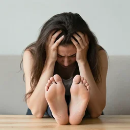 stock photo of woman holding her head with feet