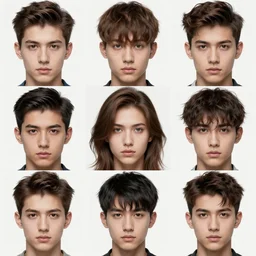 collage of various men's long or short hairstyles, small parts, highly detailed, photorealistic, face symmetry, digital art by wlop, artgerm, artstation, 8 k