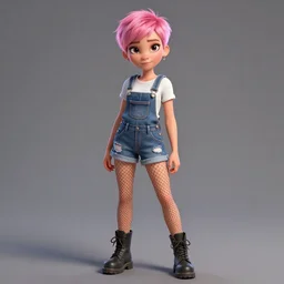 full body pose, pixar, beautiful androgynous girl, pink pixie cut hair, torn overalls, short shorts, combat boots, fishnets, beautiful, highly detailed face, extremely detailed!, digital painting, unreal engine 5, art by tom bagshaw