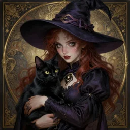 mischievous young witch with her black cat familiar, Mark Edward Fischbach, intricate, highly detailed, digital painting, artstation, concept art, smooth, sharp focus, illustration, Unreal Engine 5, 8K, art by artgerm and greg rutkowski and alphonse mucha