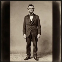 Abraham Lincoln grinning, portrait, full body, symmetrical features, silver iodide, 1880 photograph, sepia tone, aged paper, Sergio Leone, Master Prime lenses, cinematic