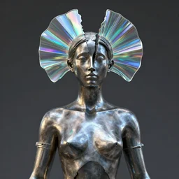 metal sculpture, female figure with chest opening up towards the viewer, head splitting open, symmetrical and iridescent glass, rainbow reflections, style of ivan black, jack storms yunchul kim anthony howe, octane render, 4 k