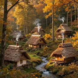a village full of tree houses nestled in a forest, chimneys with puffs of smoke, tall trees, thatched roofs, fresh streams running through, golden hour, autumn leaves, realistic high quality art digital art