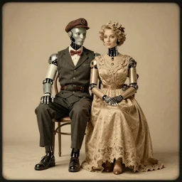 a beautiful ultradetailed fine art old vintage photo of a husband and wife cyborg couple sitting on a chair, by tom bagshaw, vignette, 35mm lens, golden ratio composition, studio photography, very detailed, artstation, 8k, highly coherent