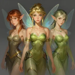 character concept portrait, fairy trio, style digital painting, concept art, smooth, sharp focus, illustration, from Metal Gear, by Ruan Jia and Mandy Jurgens and William-Adolphe Bouguereau, Artgerm