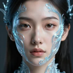 intricate highly detailed face portrait of asian - european woman, light blue transparent metal vines on her face, intricate, cgsociety, unreal engine, octane render, sharp focus, smooth, volumetric lighting, cinematic composition, artstation