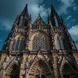 the biggest cathedral, full shot, photo, volumetric lighting, epic composition, intricate details, dark neon punk, by denis villeneuve , Greg Rutkowski and Alphonse Mucha