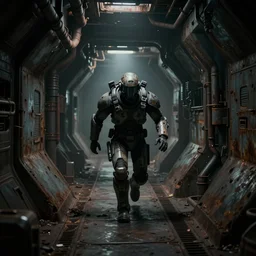 horror movie scene of an individual in futuristic armor, being chased down a hallway, running through a deep space mining space station, rusty metal walls, broken pipes, dark colors, muted colors, tense atmosphere, mist floats in the air, amazing value control, dead space, moody colors, dramatic lighting, ussg ishimura, frank frazetta, dark souls