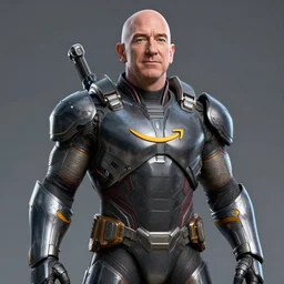 jeff bezos as a villain with a futuristic armor with an amazon logo, hyper realistic, art station, octane render