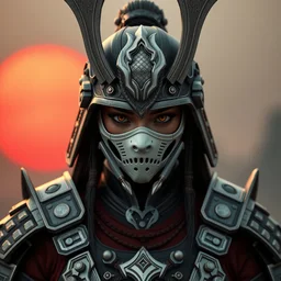 gorgeous female samurai with full warrior armor, 3 d render, futuristic biomechanical, porcelain ivory mask, hyper realistic, cinematic, octane render, 8 k, red sun in background