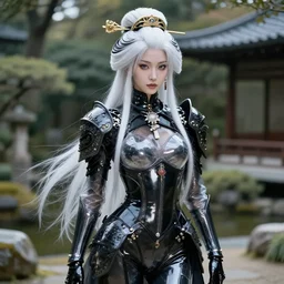 portrait from ghost in the shell with a geisha android in ornate haute couture armor wearing shiny black transparent leather suit in an japanese garden, refined features, moon goddess, long snow - white hair by jean gerome, edward hopper and james jean, hyper detail, 8 k, high resolution, ultra detailed