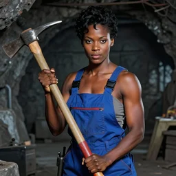 90's professional color photograph, A very muscular miner black woman in blue, short black hair, wielding a pickaxe in the mine. stunningly, beautiful, intricate, elegant, digital painting, smooth, sharp focus, beautiful bone structure, symmetrical features