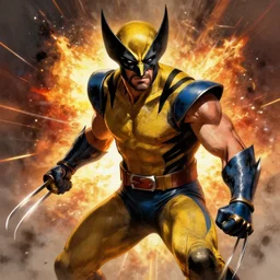 wolverine in a striking pose, alex ross, intricate art, 1 st place, winner, artstation, dramatic lighting, claws shine, explosion in the background