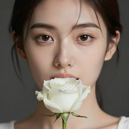 hight focus of a wonderful realistic sweet wonderful symmetrical portrait of a lady with a clear skin she is eating a realistic white rose, dramatic light, cinematic, artstation, octane render 8 k s 1