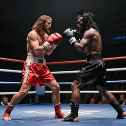 Jesus and Satan fighting in a boxing ring, photorealistic, 4K