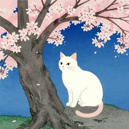 white cat in sakura tree in the style of Utagawa Hiroshige