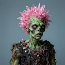 punk rock zombie with green skin and pink crystalline hair, alone on a dull blue wide backdrop, intricately detailed, Baroque, in the style of Hieronymous Bosch,