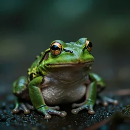 a frog, moody, cinematic colors, bokeh